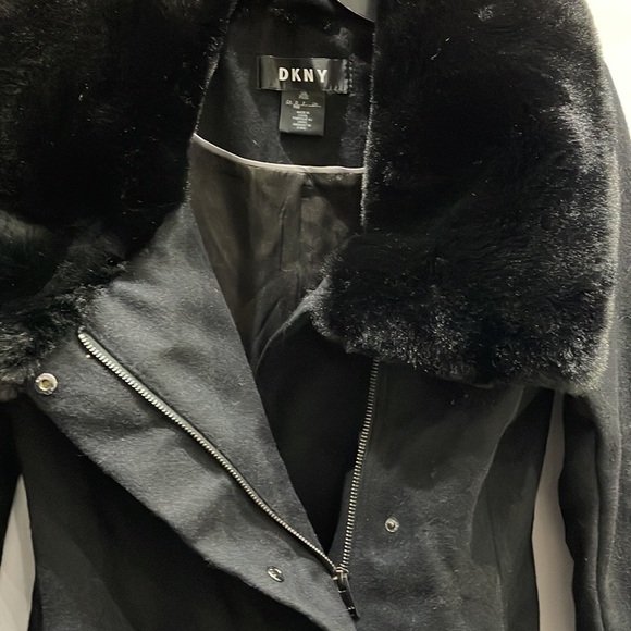 BNWT DKNY Full Length Fur collar Black wool Coat XXS - Picture 4 of 11